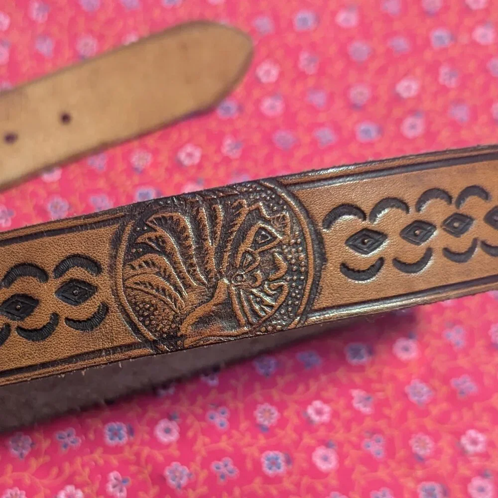 Western Tooled Leather‎ Belt Weave Boho Embossed Southwest Coastal Cowgirl VTG